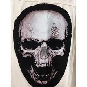 New with tag LZLER Men's Denim Ripped White Jacket with Big Black Skull Size XL